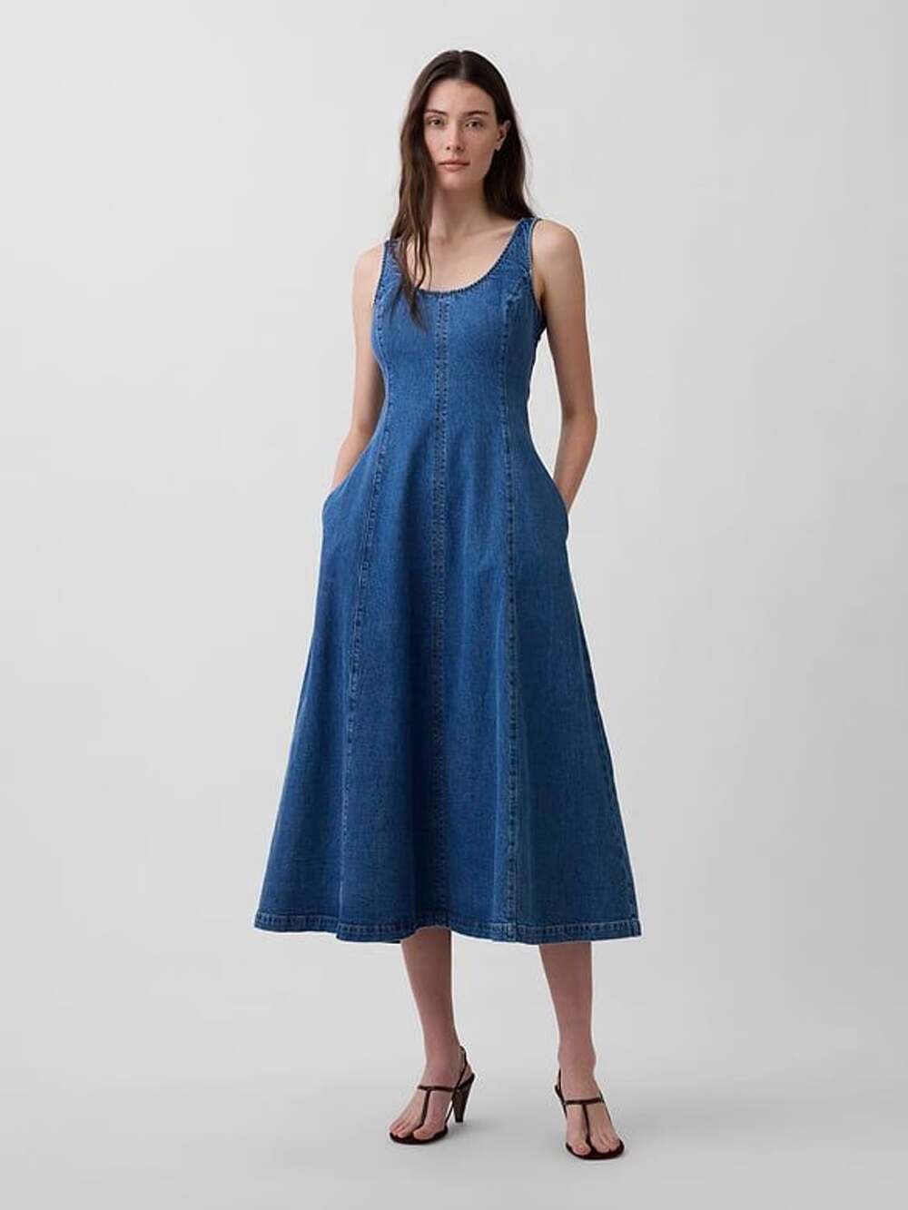 NWT Gap Denim Scoop Neck Maxi Dress Small Medium Wash Fit & Flare